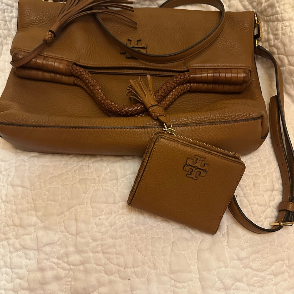 Tory Burch Brown Leather Handbag and Wallet Set